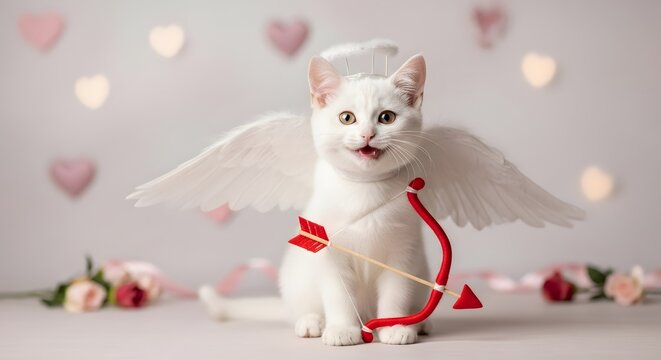 Adorable White Cat Dressed as Cupid with Angel Wings Bow and Arrow for Valentine's Day