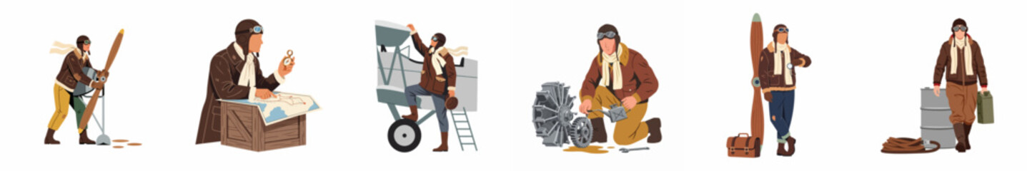 Collection of vintage aviator illustrations showing pilots and mechanics performing various tasks like map reading, engine maintenance, and preparing for flight. © Maya