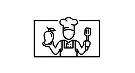 Obraz premium Chef holding mango and spatula, cooking icon, healthy food, culinary art, restaurant, kitchen