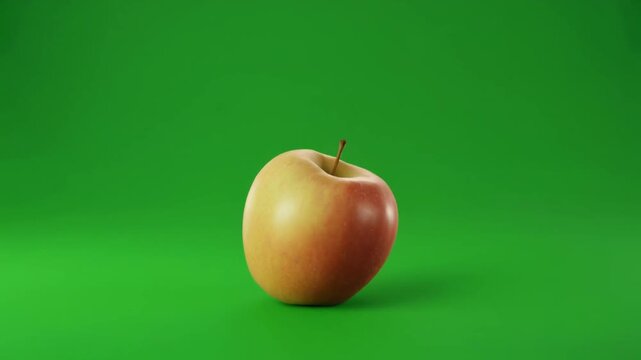 Fresh organic red and yellow apple fruit falling down from the top edge of the frame in front of a solid bright green screen chroma key background for post-production editing.