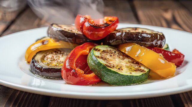 Delicious Grilled Vegetables Platter on White Plate with Smoke.