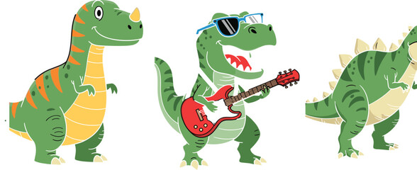Cute Cartoon Dinosaur Characters Set with Funny T Rex Playing Guitar and Cool Reptile Poses for Kids Illustration, Music Theme Design, Stickers and Mascots © MdMunzurul