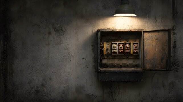 Vintage electrical fuse box mounted on aged concrete wall under dim industrial light, retro power control panel, grunge texture background, old wiring system, moody atmosphere, urban interior detail
