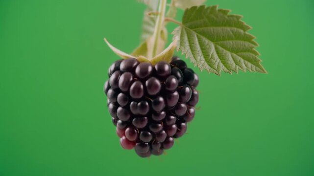 Close-up of a fresh ripe blackberry fruit with a green leaf rotating against a chroma key green screen background, highlighting the texture and details of the berry drupelets.