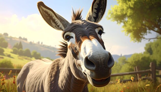 Close-up of a donkey's face in a green field
