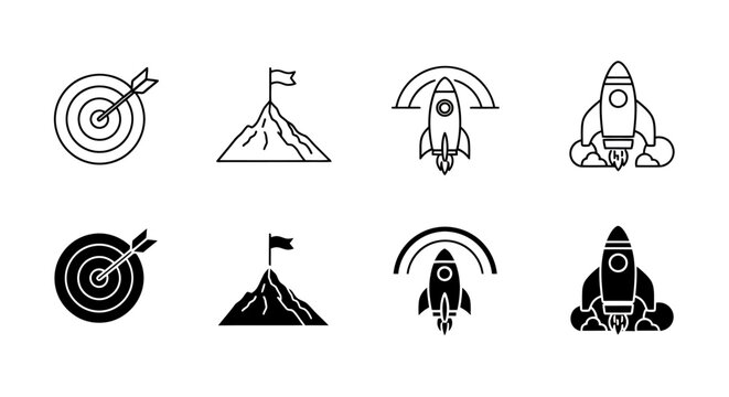 Set of space, volcano, and target icons for science and navigation graphics.