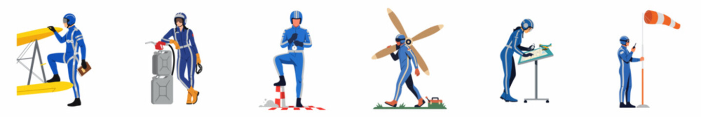 Set of diverse male and female pilots and ground crew members performing various aviation-related tasks in a flat illustration style. © Maya