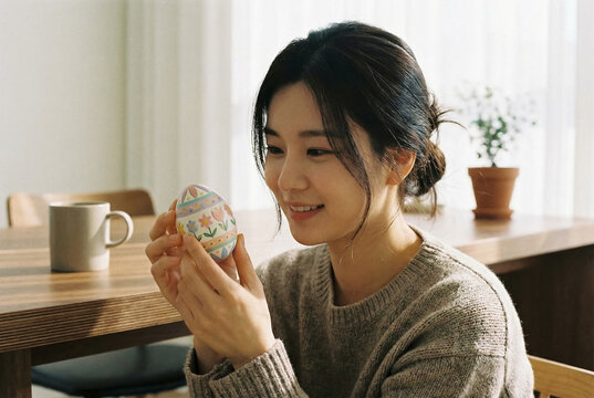 Smiling Woman Holding Decorated Easter Egg in Cozy Home