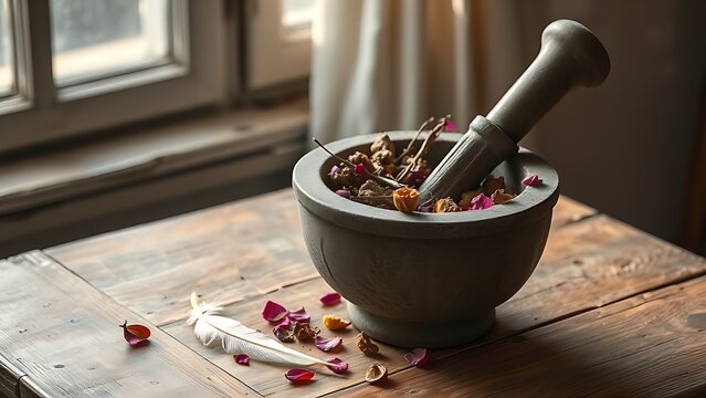mandrake. Stone mortar with mandrake roots and petals on a wooden table. event programs, museum guides, designed for cultural heritage projects and event programs, elevates cultural identity.