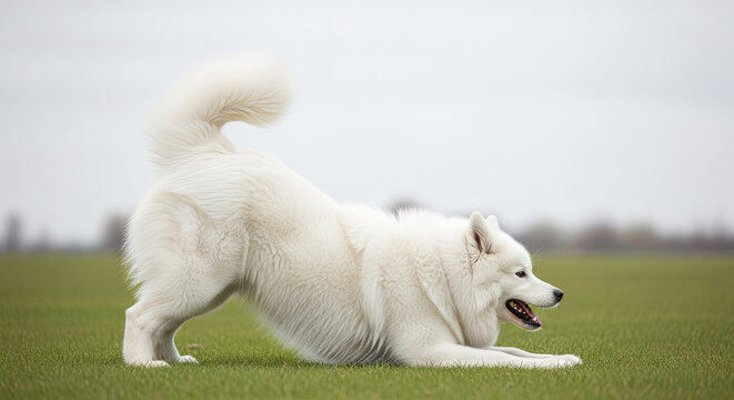 Playful white Samoyed dog stretching on green grass outdoors  