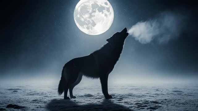 A silhouette of a wolf howling at the moon in a serene nocturnal environment