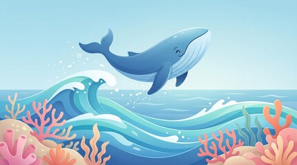 Naklejka premium Ocean whale jumping above waves with coral reef illustration for marine life awareness design calm nature background aquatic theme banner