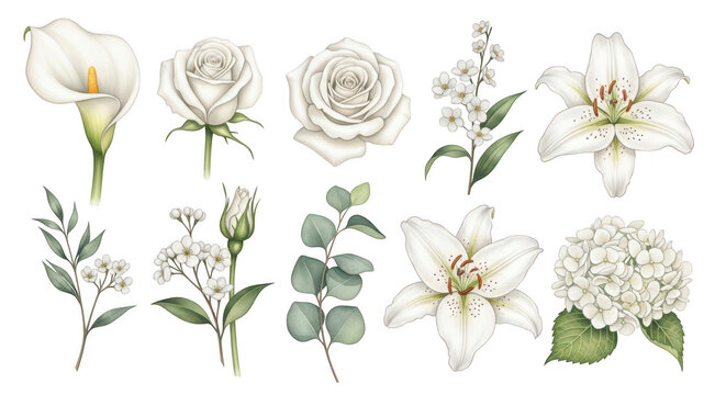 Collection of individual watercolor cream flower elements including roses lilies and calla lilies
