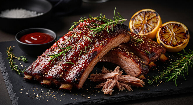 A plate of ribs with oranges and herbs