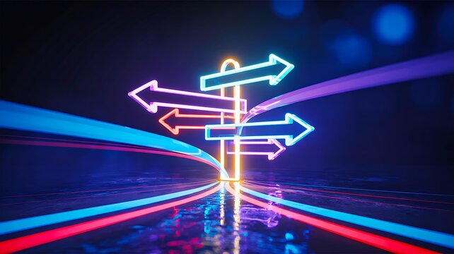 Neon directional arrows sign glowing in dark futuristic navigation concept 