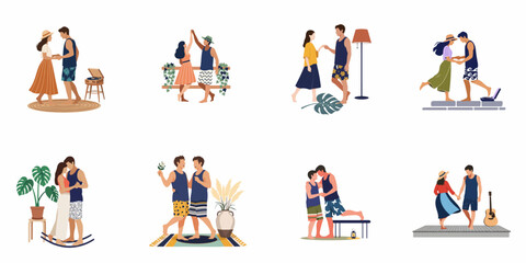 Fototapeta premium Collection of diverse romantic couples enjoying intimate moments and summer activities in a modern flat illustration style.