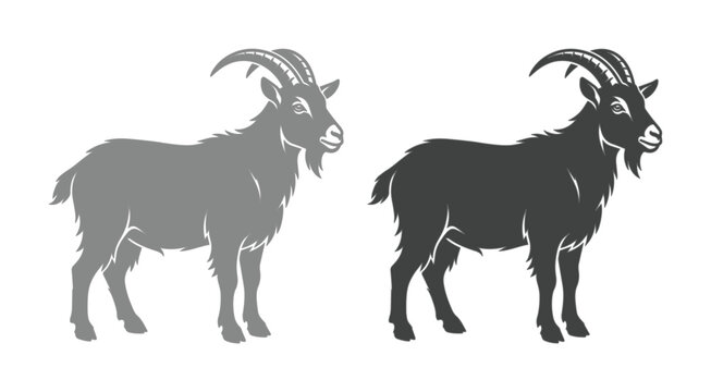 Vintage goat vector illustration set, rustic farm animal silhouettes with horns, black and grey mountain goat icons for butchery or dairy branding