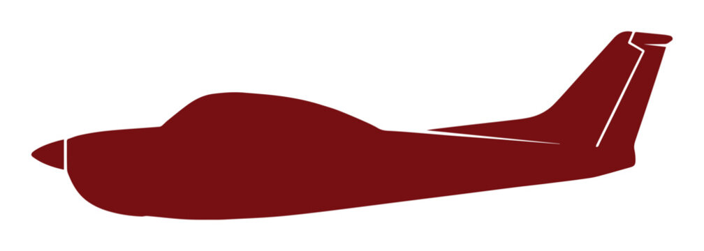 Minimalist small airplane silhouette vector, maroon light aircraft profile icon, private propeller plane side view for aviation branding and logos