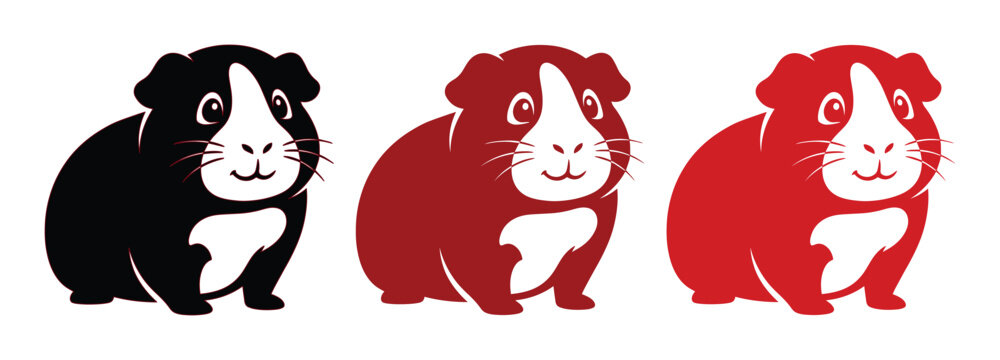 Minimalist guinea pig vector set, cute cavy rodent illustrations in black and red, 3 flat pet icons for veterinary and pet shop branding