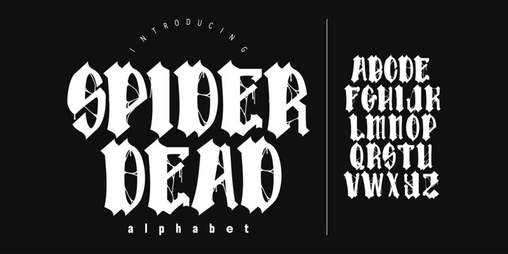 Spider Dead: A spooky horror blackletter font. Gothic display with spider web details for Halloween and dark branding.