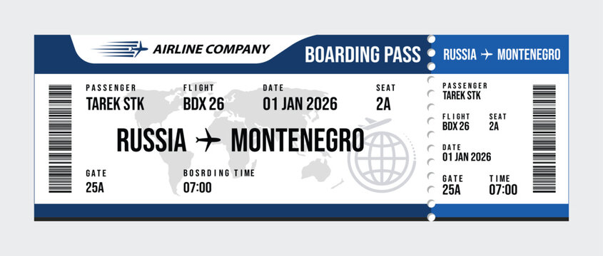 Airline boarding pass russia to montenegro with flight details and barcodes airline ticket
