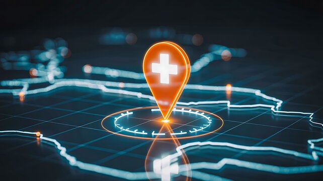 Healthcare location pin with medical cross on digital map technology telemedicine concept 