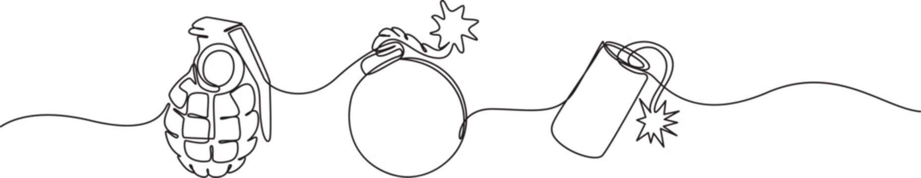 Explosive Weapons Continuous One Line Drawing Bomb, Grenade, Dynamite Illustration