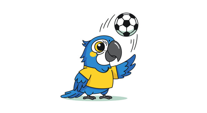 Cute blue parrot character wearing a yellow shirt playing soccer ball cartoon style