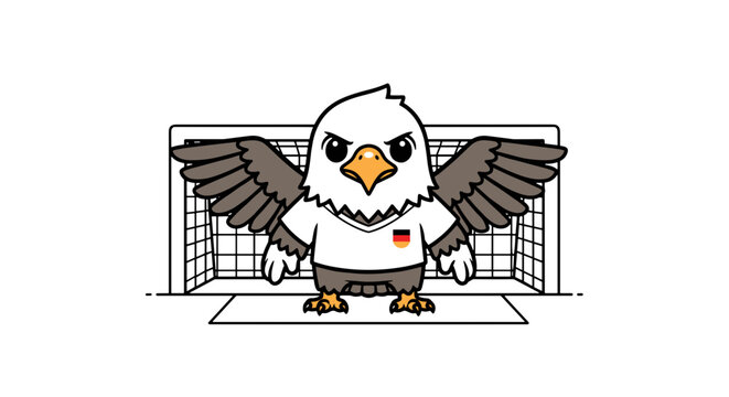 Cartoon eagle mascot wearing soccer jersey with german flag ready to play in goal
