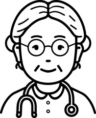 Obraz premium Hand Drawn Elderly Female Doctor Black and White Illustration in Minimal Line Art Style Design
