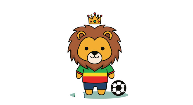 Cute cartoon lion king wearing rasta colors soccer jersey with crown and football