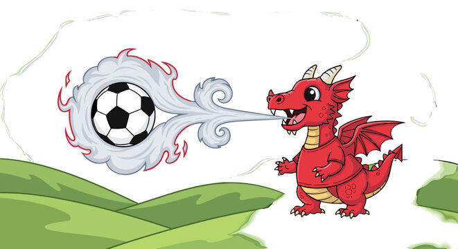 Cartoon red dragon breathes soccer ball with fire and smoke on grassy hills