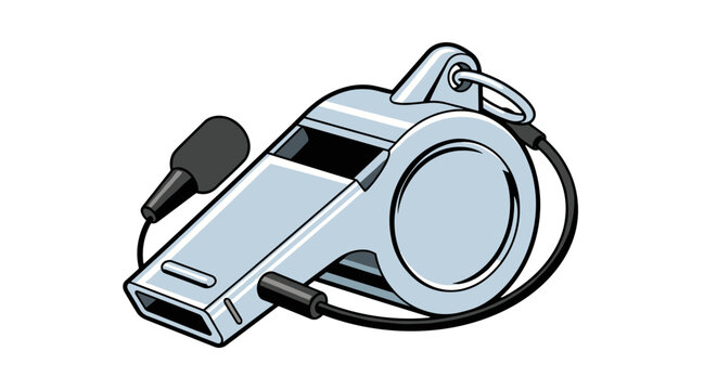 Silver metal whistle with black lanyard and mouthpiece isolated on white background