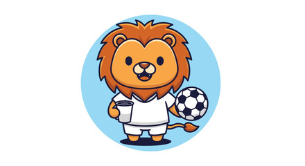 Fototapeta premium Cute cartoon lion in soccer uniform holding a ball and a coffee cup