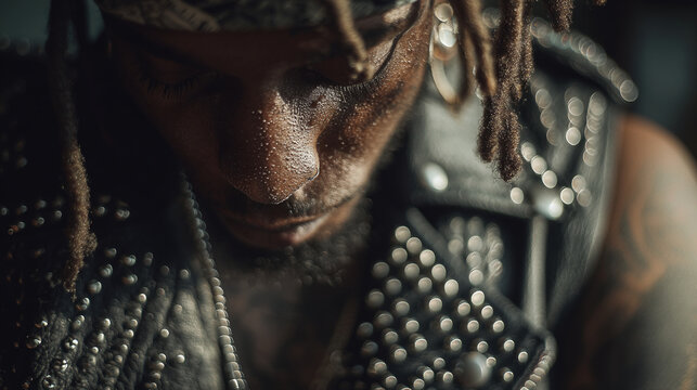 A close-up portrait of a man with dreadlocks wearing a studded leather outfit