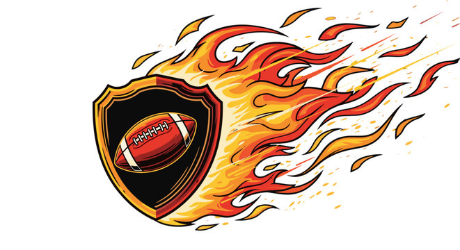 Fiery american football shield emblem with intense flames and white background