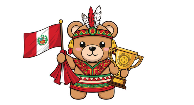 Cute teddy bear character in traditional peruvian attire holding a trophy and flag