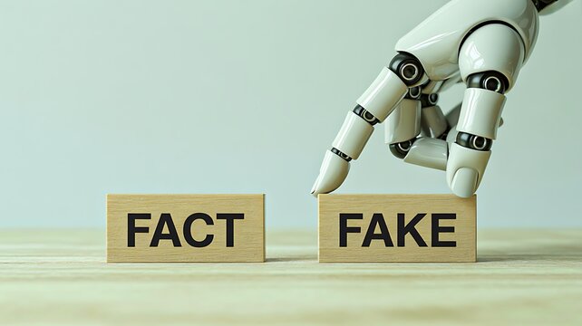Robot hand choosing between fact and fake blocks concept of artificial intelligence decision making 