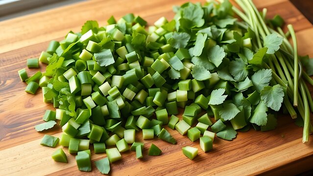 lovage. Freshly chopped lovage leaves on a rustic wooden cutting board, bright green color and texture. menu design, packaging mockups, designed for culinary blogs and recipe cards for restaurants.