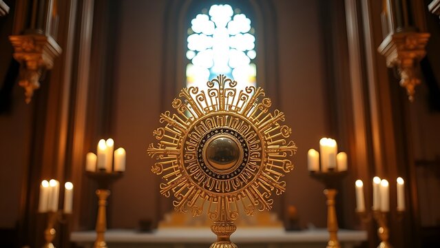 monstrance. Intricate golden monstrance on altar reflecting candlelight. event programs, museum guides, designed for cultural heritage projects and event programs, used by performance marketers.