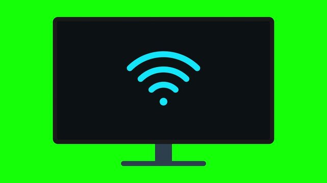Minimalist monitor with WiFi icon on green screen, symbolizing internet issues, no signal, or connectivity problems. Perfect for tech content, ads, and chroma key editing.