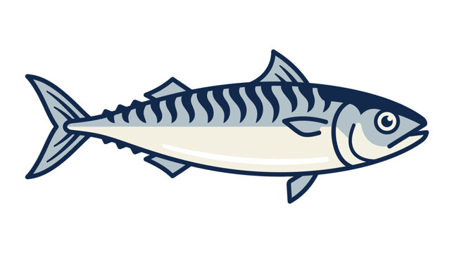 Minimal flat vector illustration of a mackerel fish, striped body simplified design, seafood ingredient concept, clean outline