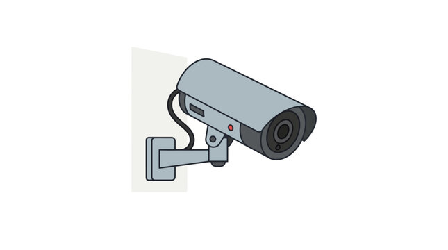 Minimal flat vector illustration of a security CCTV camera mounted on wall, surveillance concept, clean outline, limited solid colors
