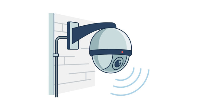 Minimal flat vector illustration of a security CCTV camera mounted on wall, surveillance concept, clean outline, limited solid colors