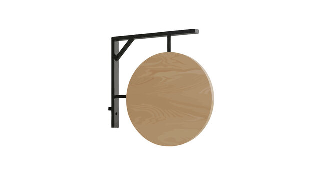 A blank, circular wooden sign hangs from a black metal bracket
