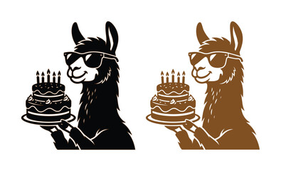 Funny llama wearing sunglasses holding birthday cake, cool alpaca character with tiered dessert, black and brown vector animal silhouettes © xantii
