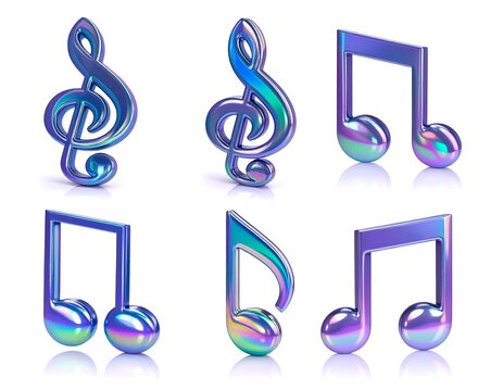 3D metallic music notes icons set with glossy rainbow chrome finish isolated on white background for design elements