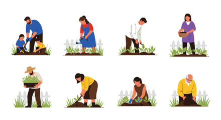 Fototapeta premium People Planting Vegetables and Flowers in a Garden - Family and Elderly Gardening