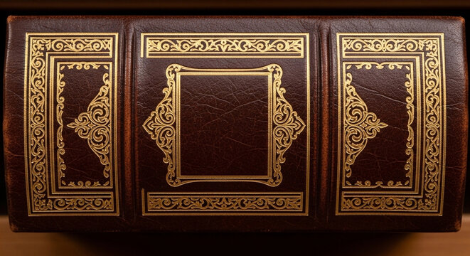 Ornate antique leather book spine with intricate gold gilded tooling, showcasing classic decorative patterns and rich texture, evoking heritage and luxury.