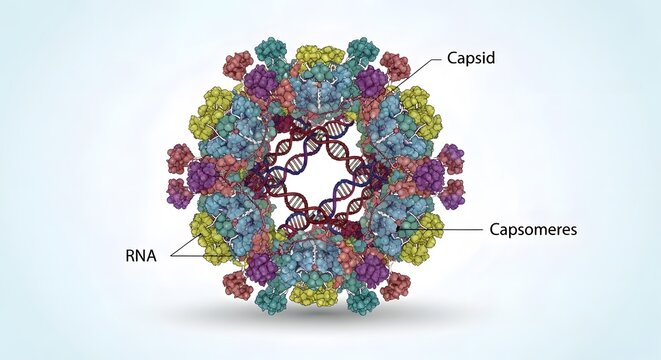 Detailed 3D Illustration of a Virus Structure with RNA and Capsid Components.